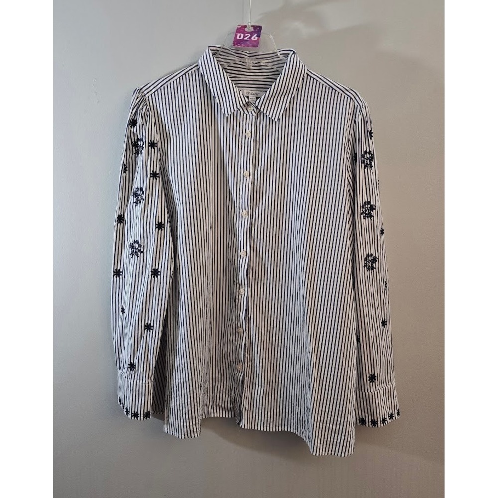 Chico's Womens Button Down Shirt Blue White Striped Floral Embroidered 3.5 (18)